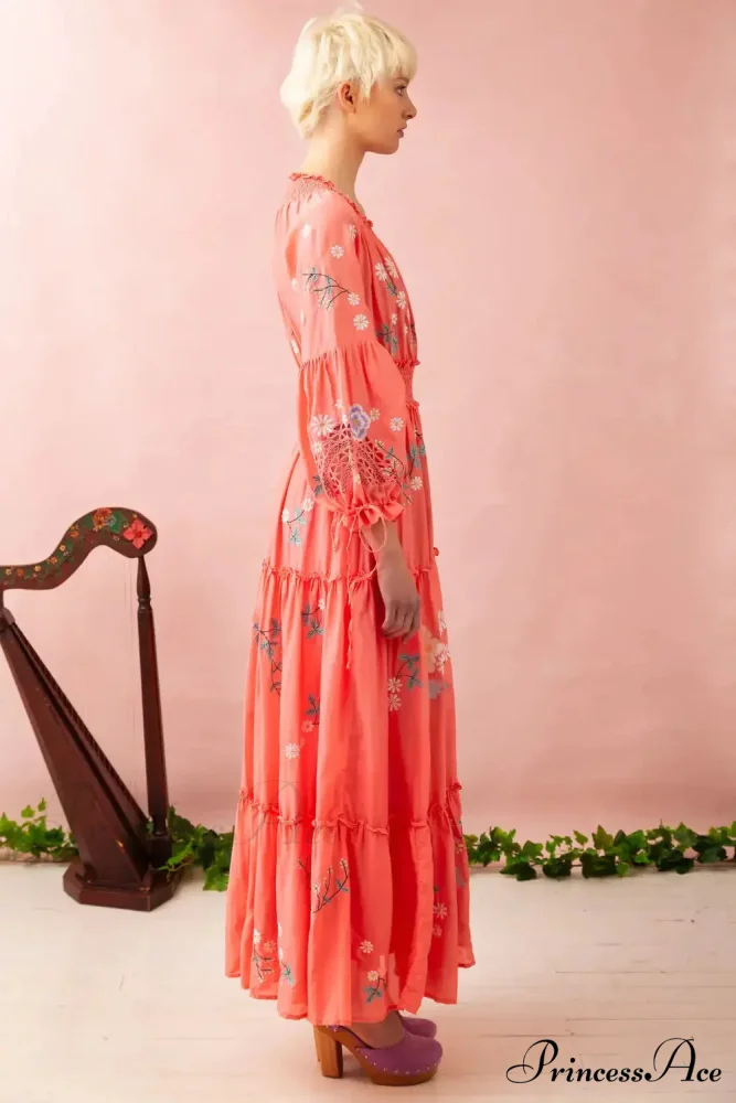 Bohemian Stitched Flower Plunging Neckline High Waisted Dress - Image 3