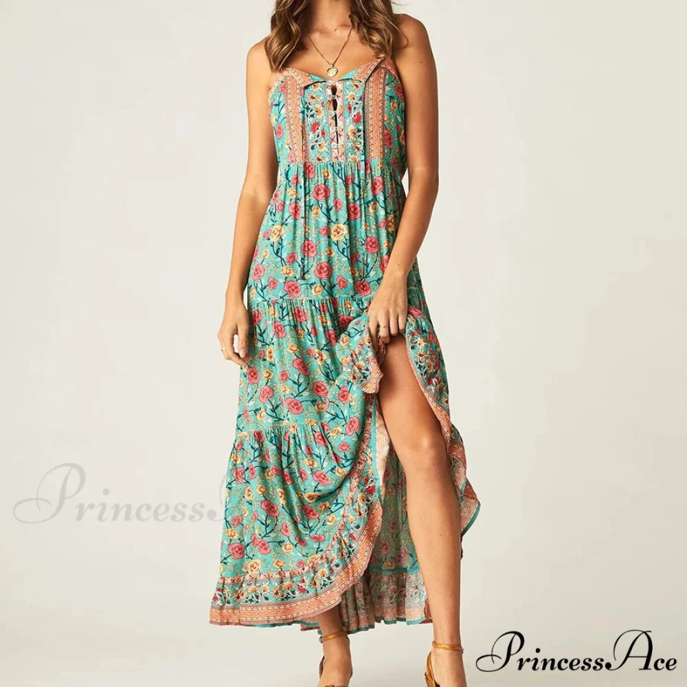 Bohemian Strap Dresses Nomadic Sleeveless Rayon Floral Print Maxi Dress - Image 3