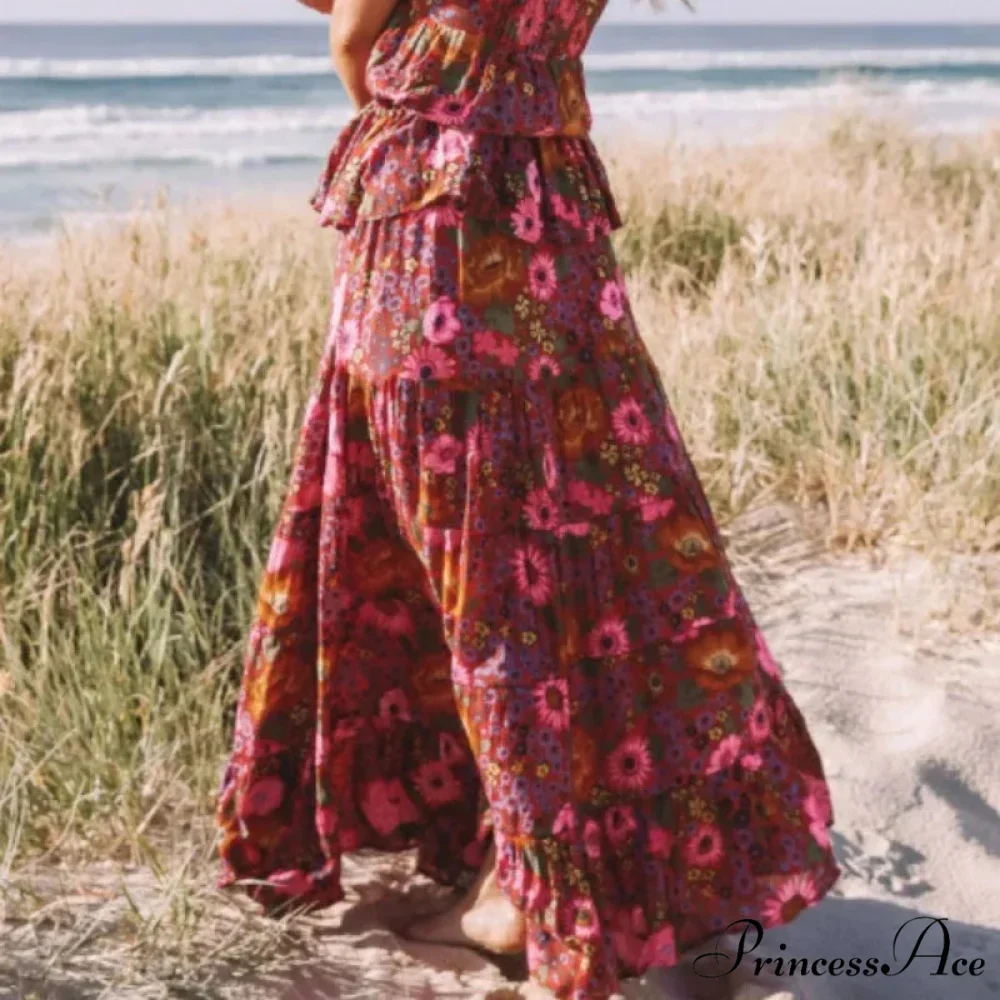 Bohemian Style Ladies Beach Red Floral A-Line Boho Skirt - Image 2