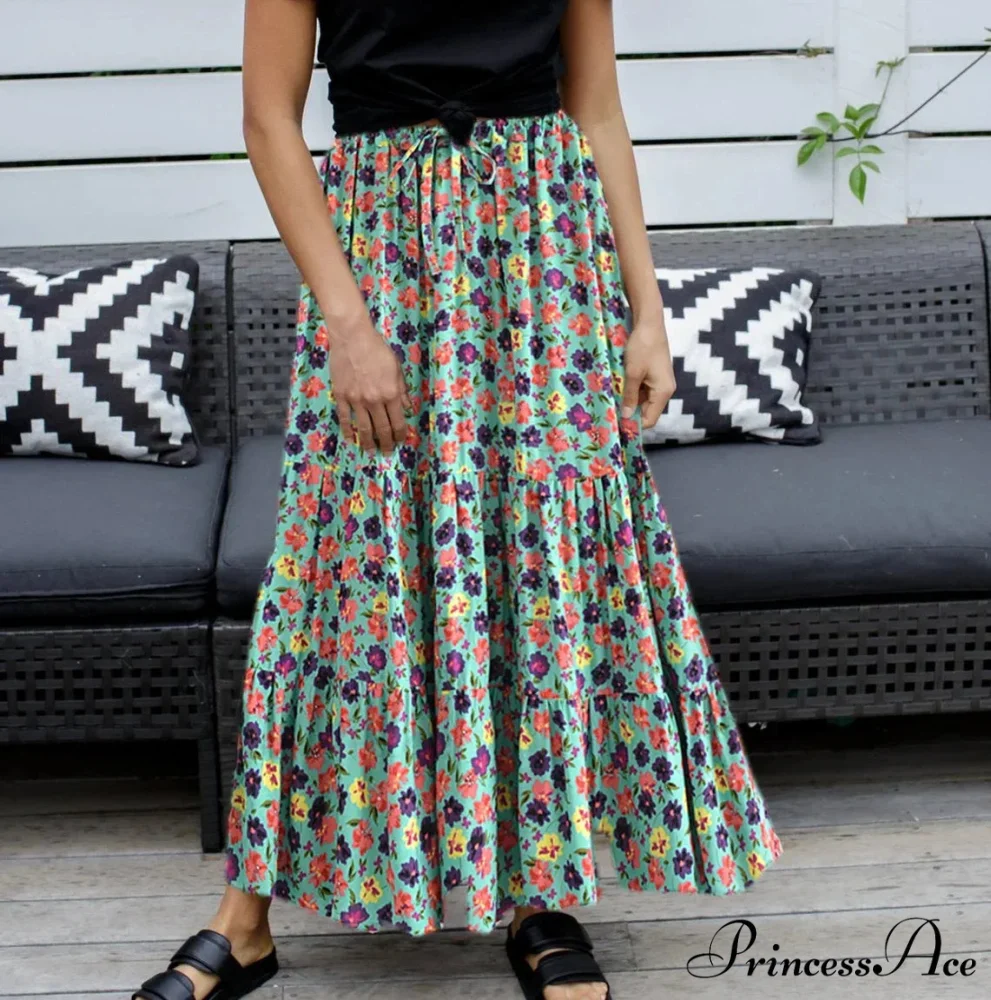 Bohemian Style Ladies Beach Red Floral A-Line Boho Skirt - Image 3