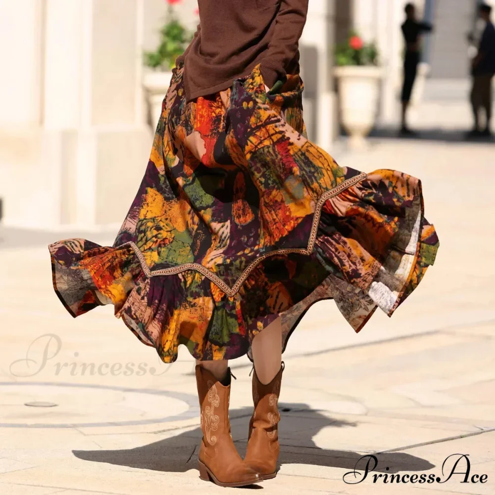 Bohemian Style Long Skirts Artwork Printing Pattern Romantic Antique A-line - Image 2