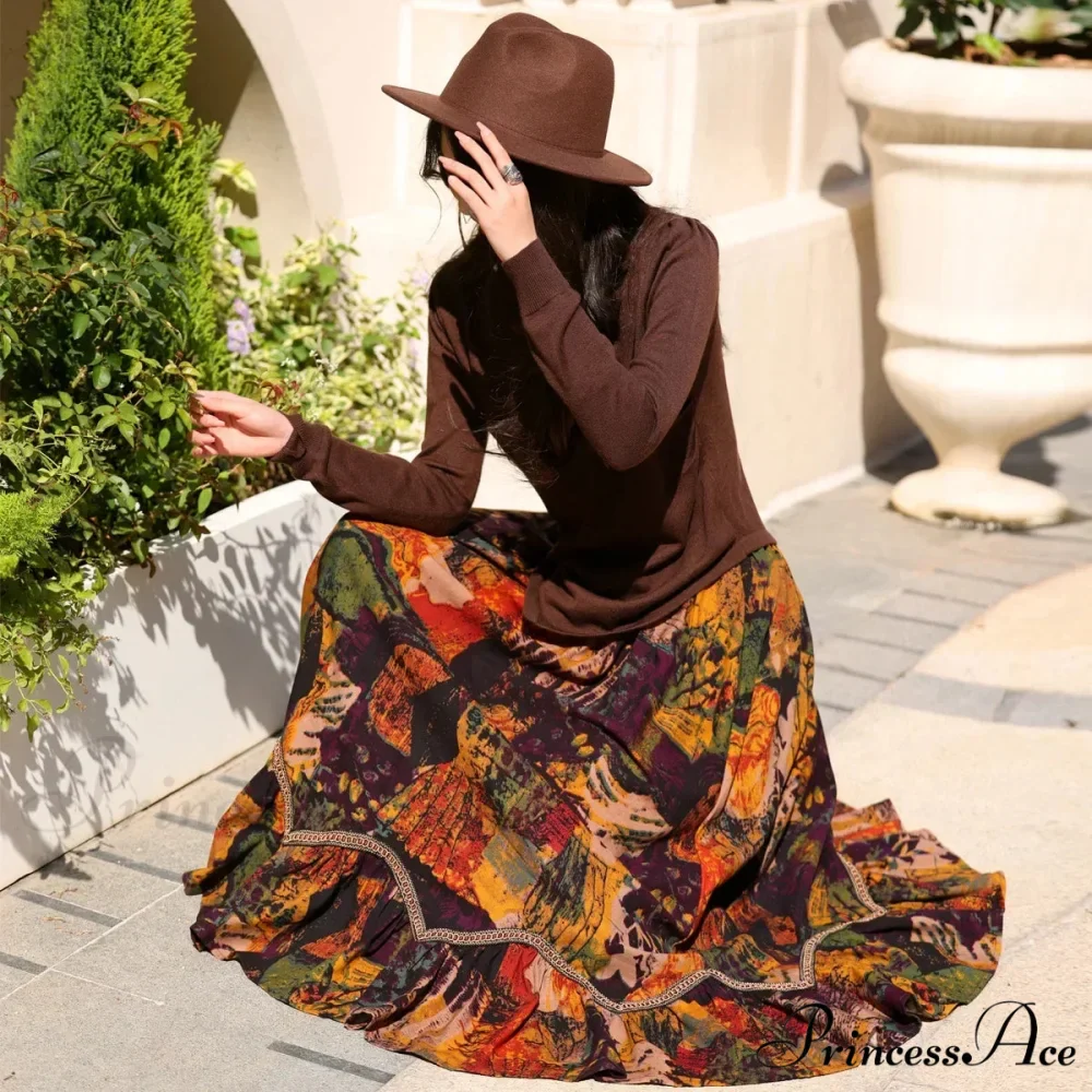 Bohemian Style Long Skirts Artwork Printing Pattern Romantic Antique A-line - Image 3
