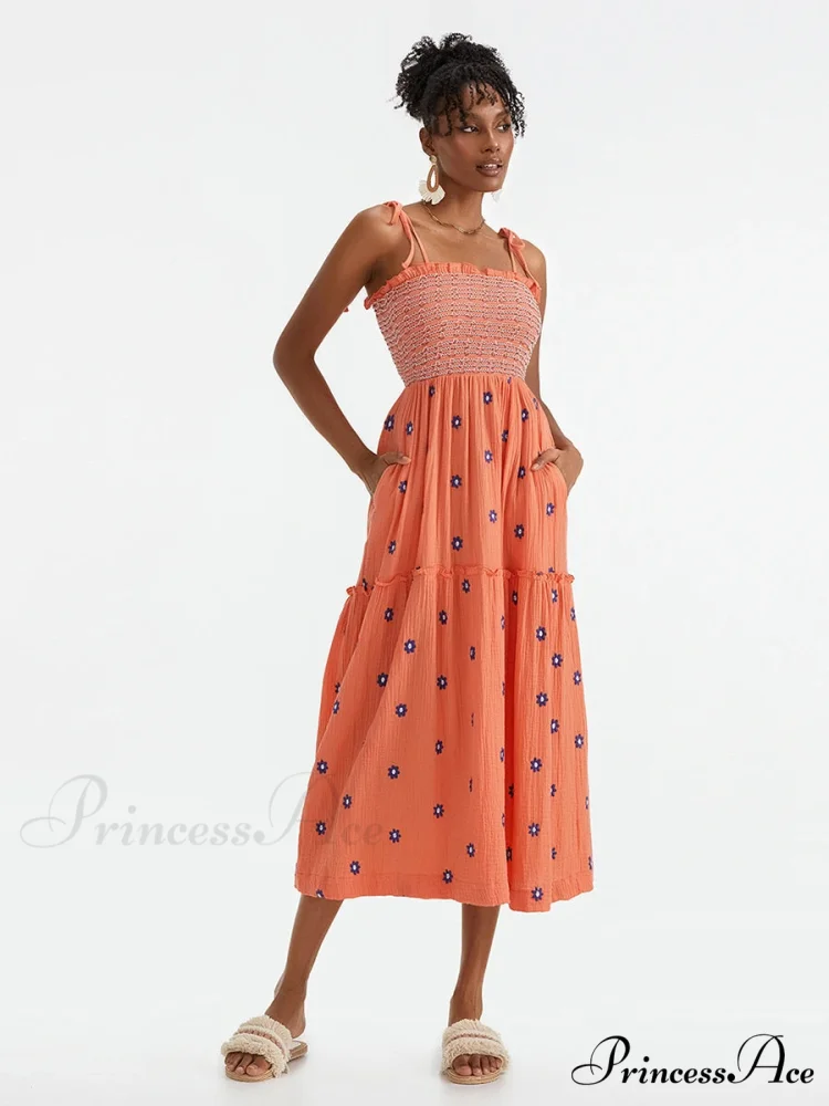 Bohemian Summer Bloom Embroidery Tie-Up Shoulder Shirred A-Line Beach Dress - Image 10
