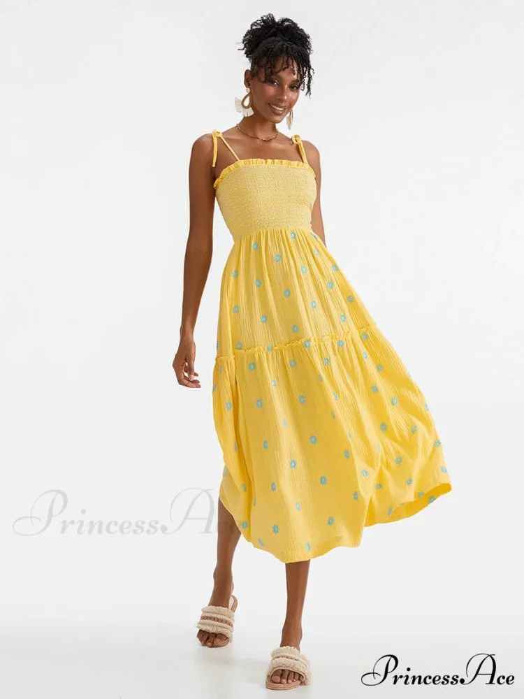 Bohemian Summer Bloom Embroidery Tie-Up Shoulder Shirred A-Line Beach Dress - Image 11