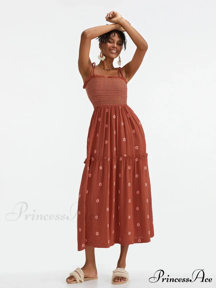 Bohemian Summer Bloom Embroidery Tie-Up Shoulder Shirred A-Line Beach Dress - Image 12