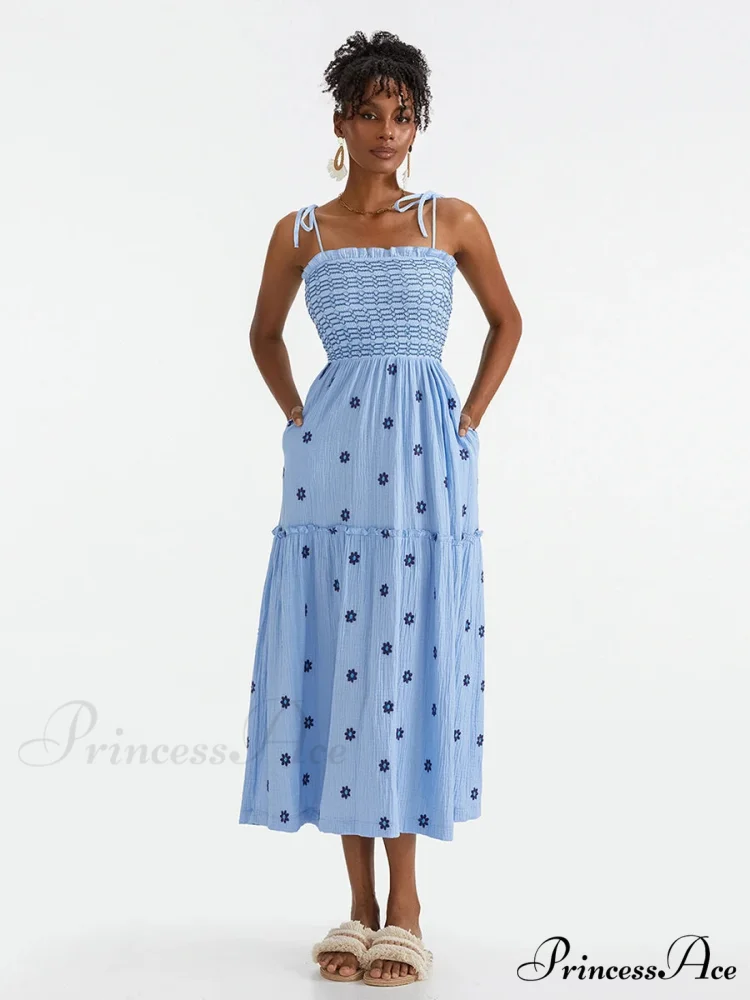 Bohemian Summer Bloom Embroidery Tie-Up Shoulder Shirred A-Line Beach Dress - Image 13