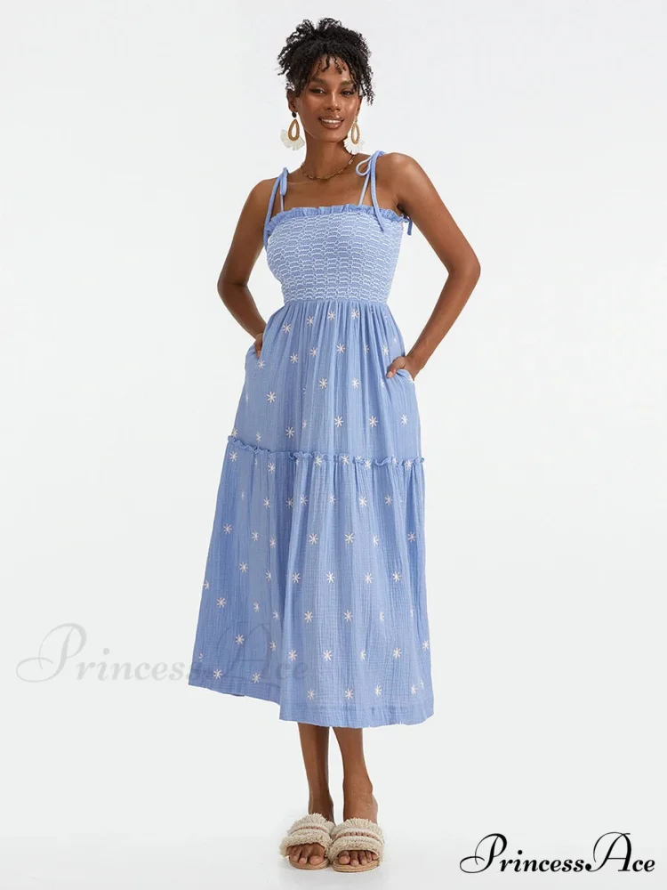 Bohemian Summer Bloom Embroidery Tie-Up Shoulder Shirred A-Line Beach Dress - Image 2