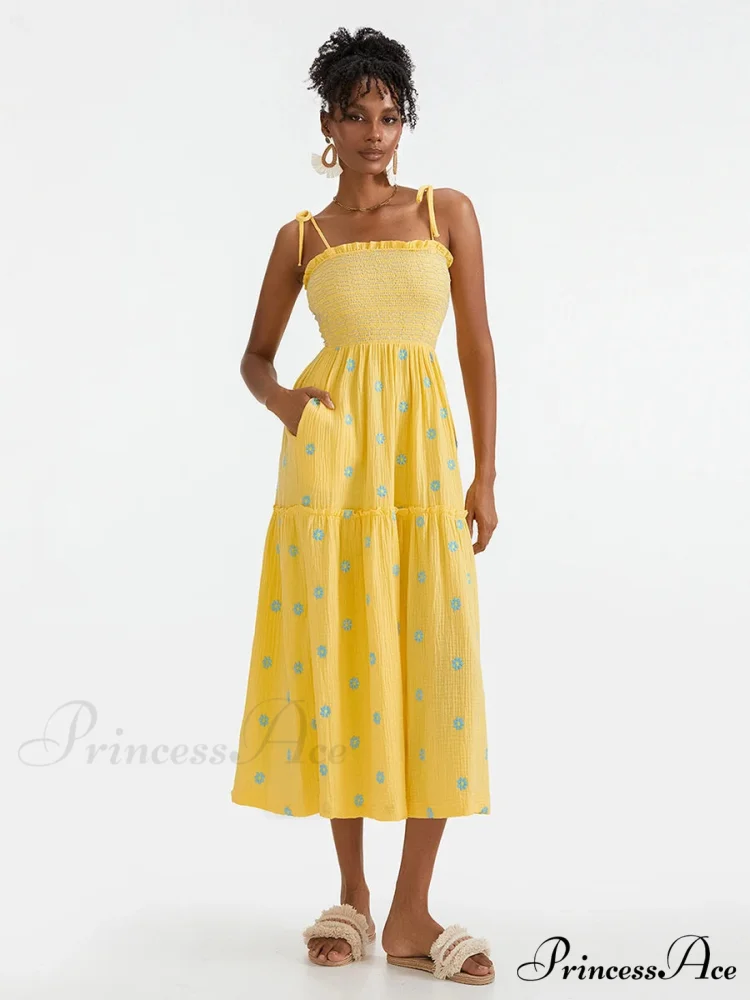 Bohemian Summer Bloom Embroidery Tie-Up Shoulder Shirred A-Line Beach Dress - Image 3