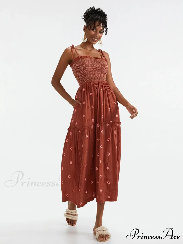Bohemian Summer Bloom Embroidery Tie-Up Shoulder Shirred A-Line Beach Dress - Image 4