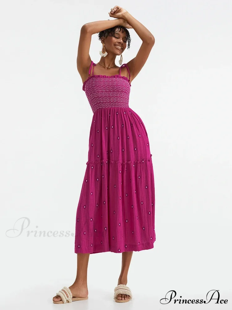 Bohemian Summer Bloom Embroidery Tie-Up Shoulder Shirred A-Line Beach Dress - Image 5