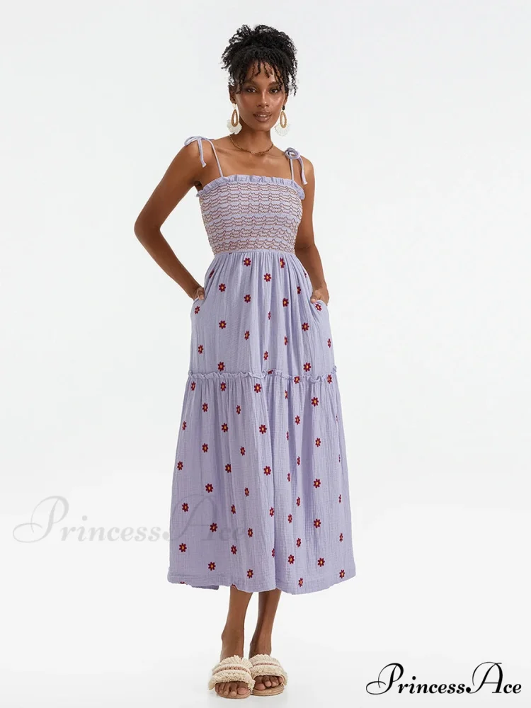 Bohemian Summer Bloom Embroidery Tie-Up Shoulder Shirred A-Line Beach Dress - Image 6