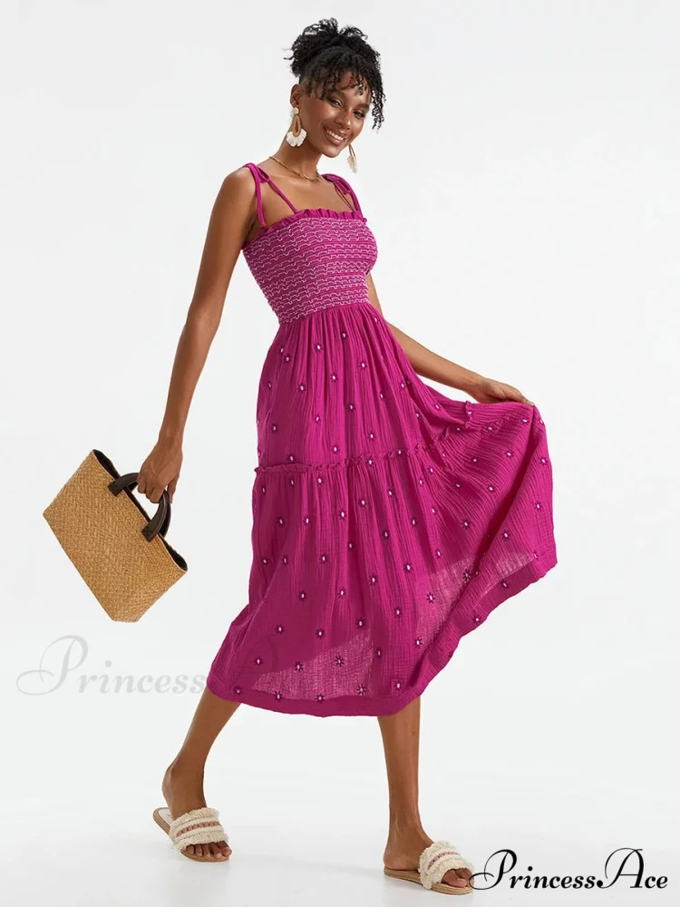 Bohemian Summer Bloom Embroidery Tie-Up Shoulder Shirred A-Line Beach Dress - Image 7