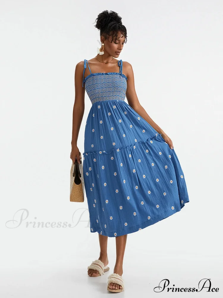 Bohemian Summer Bloom Embroidery Tie-Up Shoulder Shirred A-Line Beach Dress - Image 8