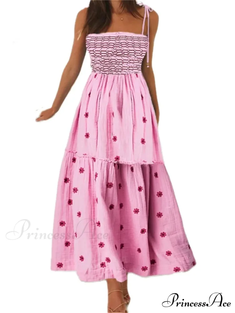Bohemian Summer Bloom Embroidery Tie-Up Shoulder Shirred A-Line Beach Dress - Image 9