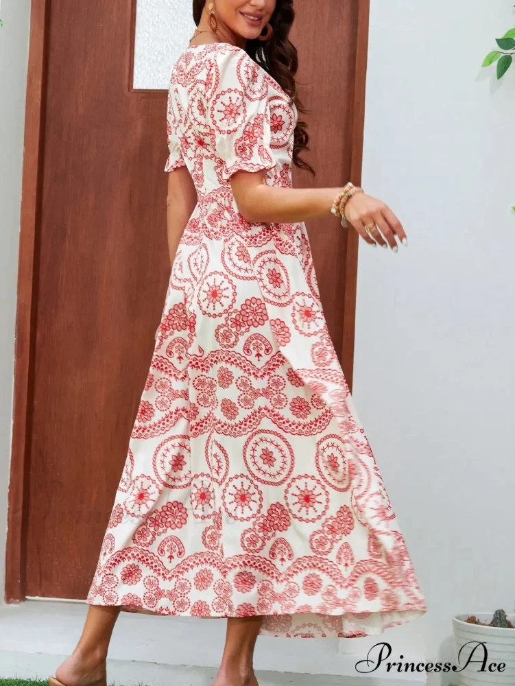 Bohemian Tall Waist Quadrilateral Neck Floral Dress - Image 3