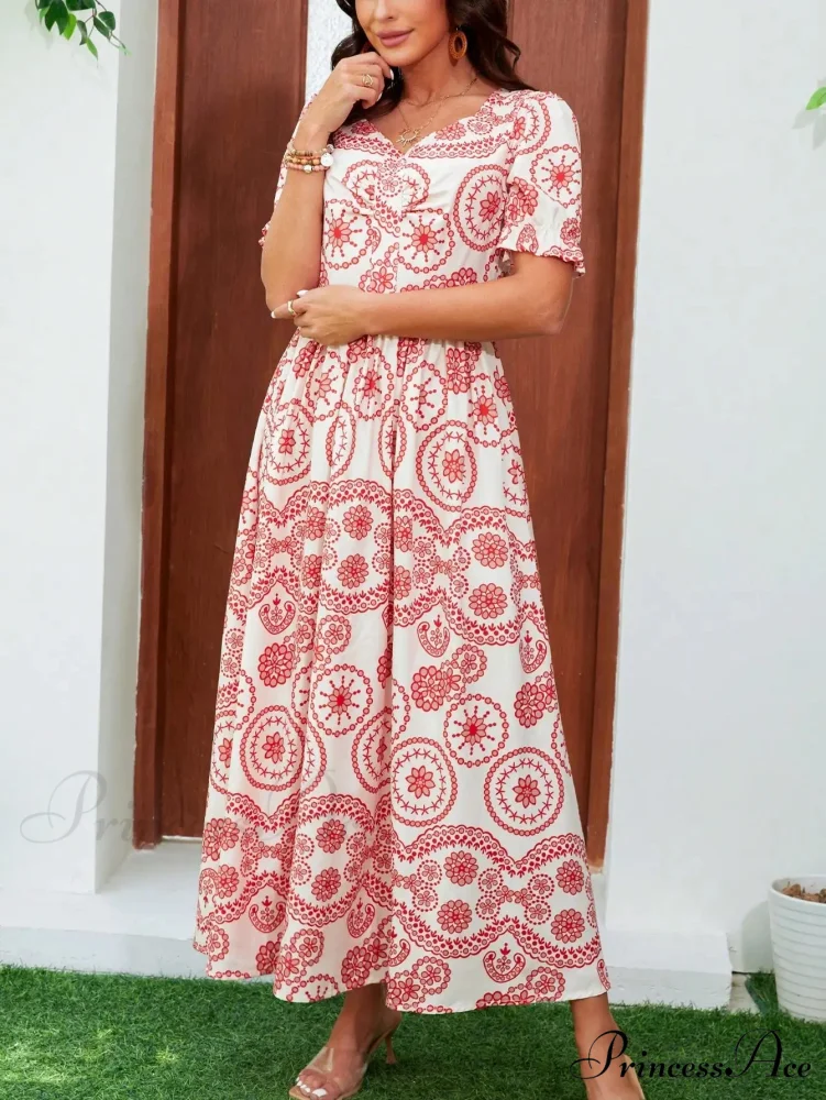 Bohemian Tall Waist Quadrilateral Neck Floral Dress - Image 4