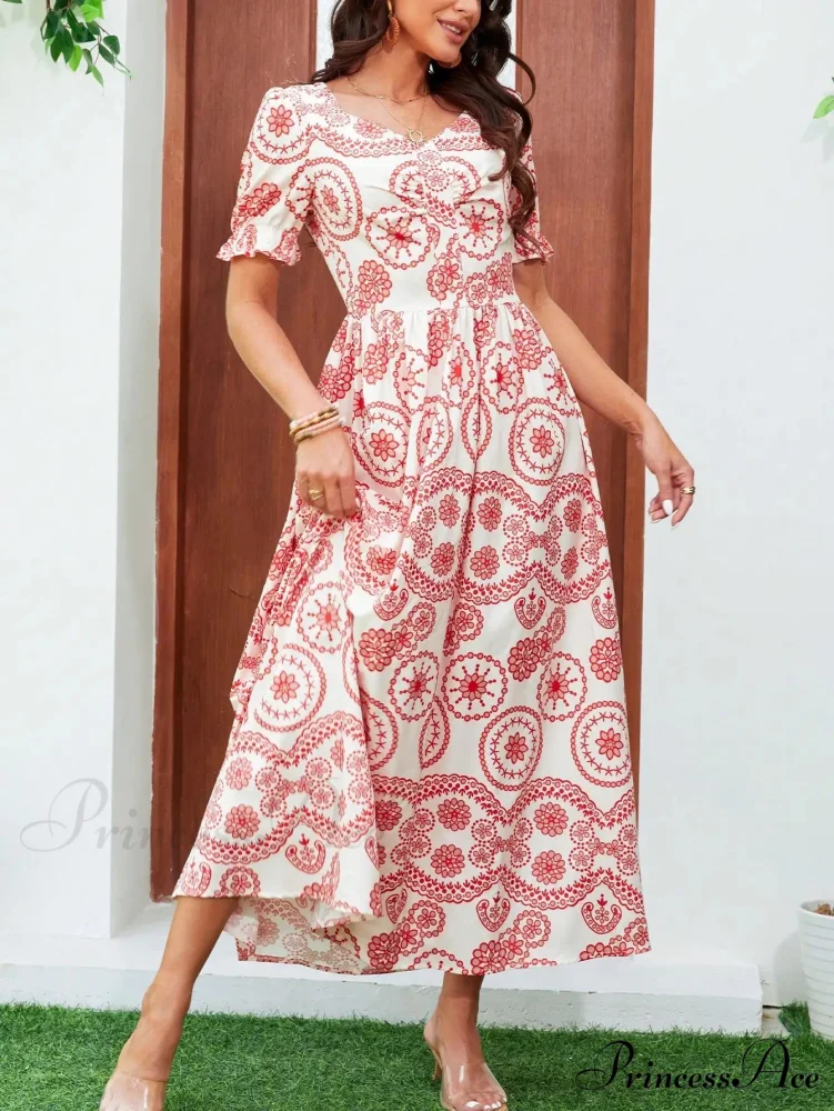 Bohemian Tall Waist Quadrilateral Neck Floral Dress - Image 5