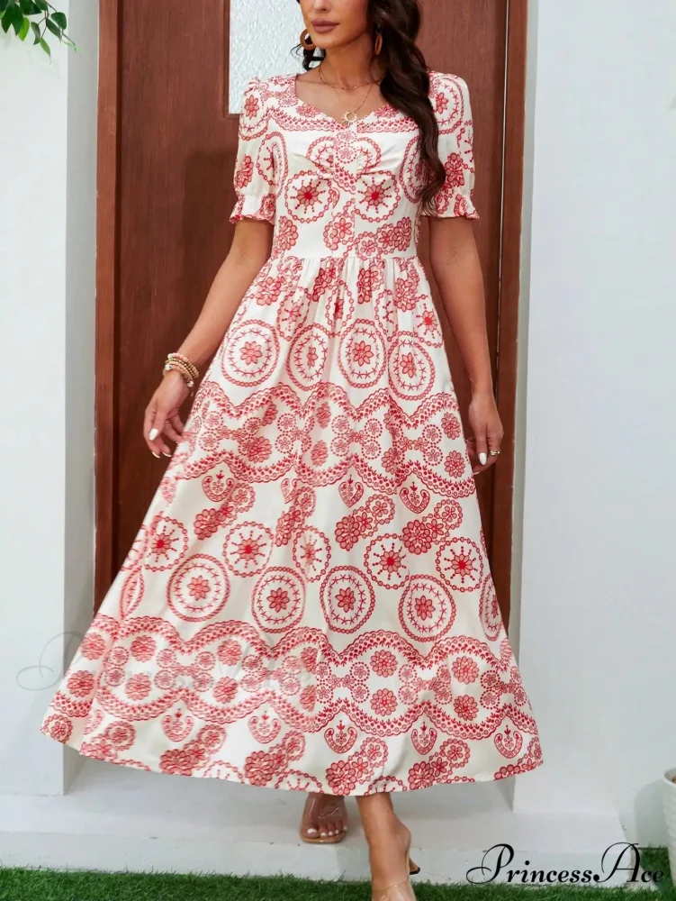 Bohemian Tall Waist Quadrilateral Neck Floral Dress - Image 6