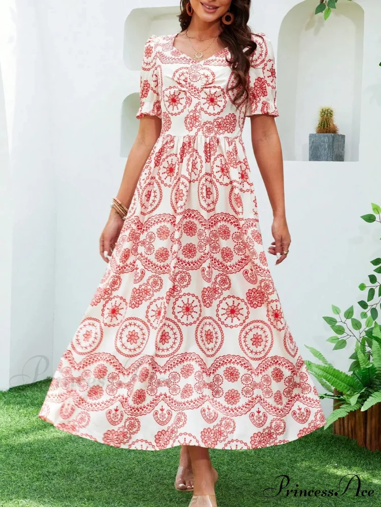 Bohemian Tall Waist Quadrilateral Neck Floral Dress - Image 7