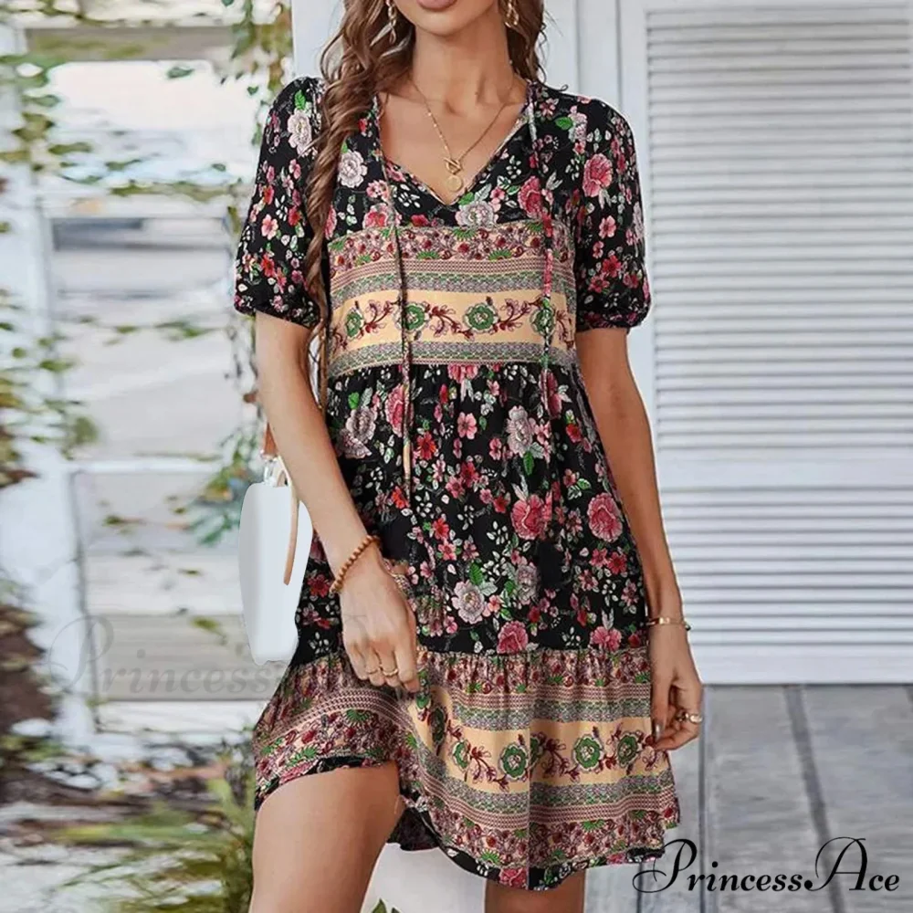 Bohemian Tie-up V Neck Floral Print Relaxed Dress - Image 3