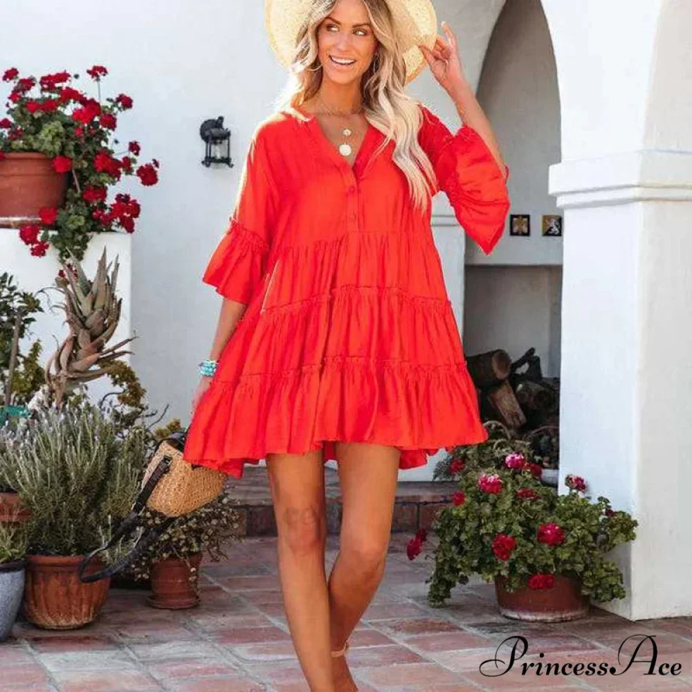 Bohemian Tunic Beach Attire Relaxed Cover-Up for Women Retro V-neck Mini Summer Dress - Image 2