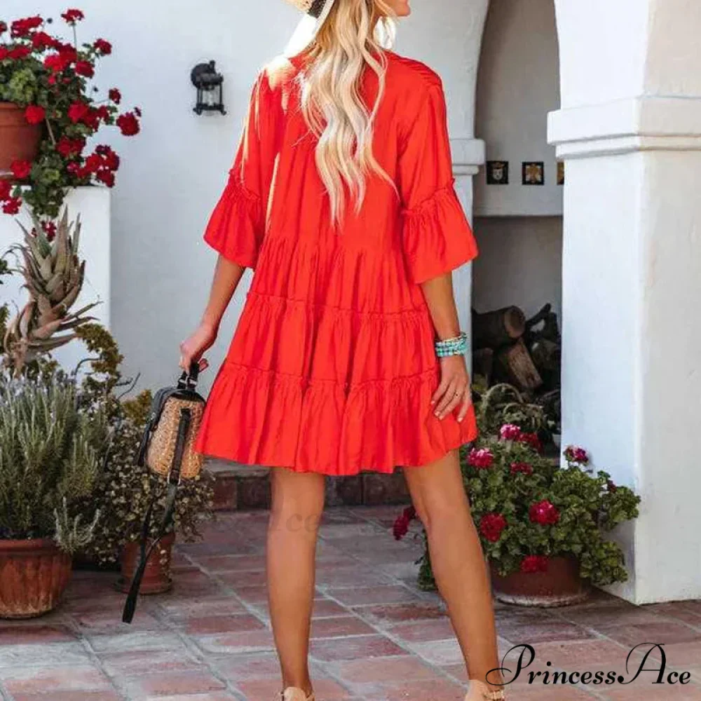 Bohemian Tunic Beach Attire Relaxed Cover-Up for Women Retro V-neck Mini Summer Dress - Image 3