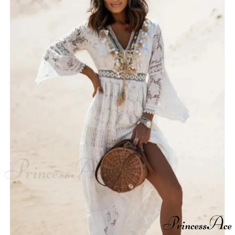 Boho Ivory Crimson Maxi Dress - Image 2
