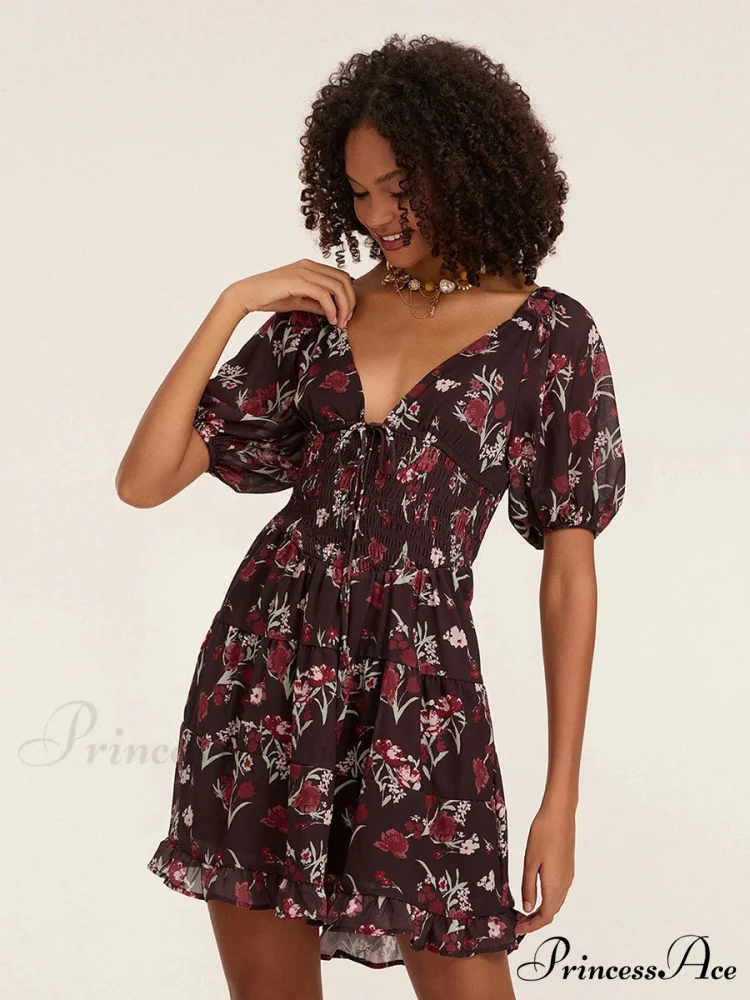 Botanical A-Line Mini Puff Short Sleeve Tie-Up Front Flared Holiday Party Dress - Image 2