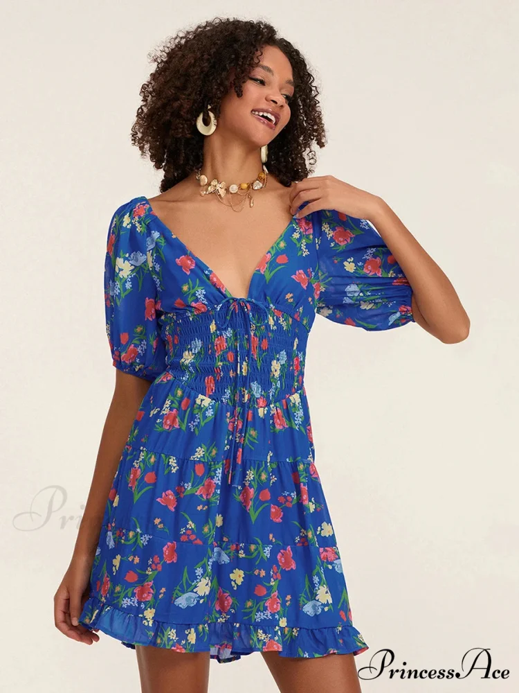 Botanical A-Line Mini Puff Short Sleeve Tie-Up Front Flared Holiday Party Dress - Image 3