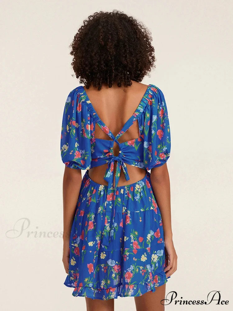 Botanical A-Line Mini Puff Short Sleeve Tie-Up Front Flared Holiday Party Dress - Image 4