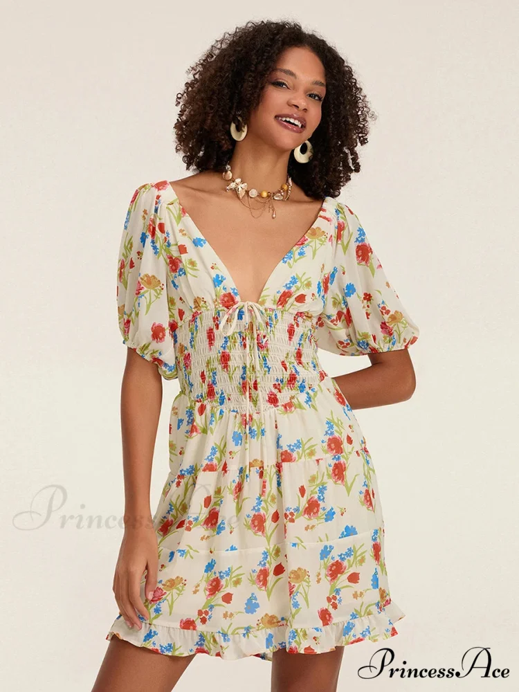 Botanical A-Line Mini Puff Short Sleeve Tie-Up Front Flared Holiday Party Dress - Image 5