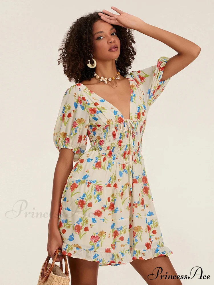 Botanical A-Line Mini Puff Short Sleeve Tie-Up Front Flared Holiday Party Dress - Image 6
