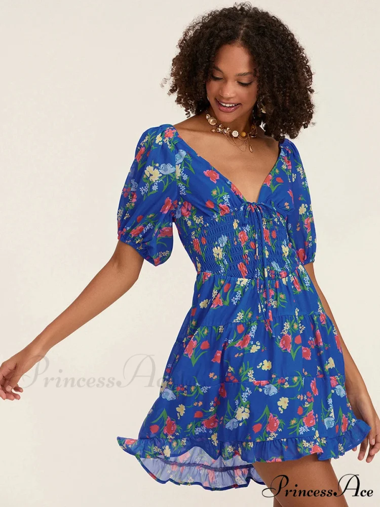 Botanical A-Line Mini Puff Short Sleeve Tie-Up Front Flared Holiday Party Dress - Image 7