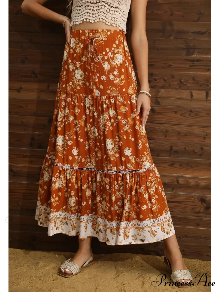 Botanical Folded Bohemian A-Line Rayon Maxi Skirt - Image 2
