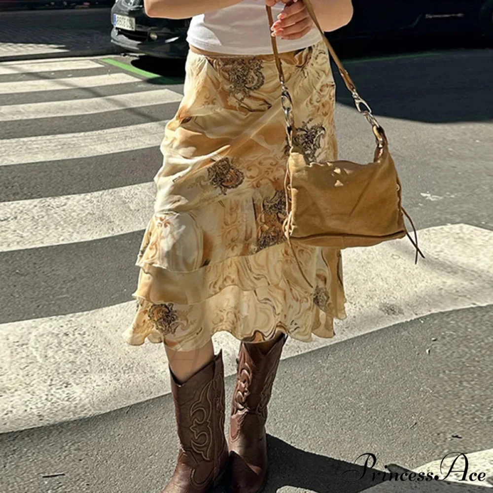 Botanical Pattern Layered A-Line Midi Skirt - Image 3