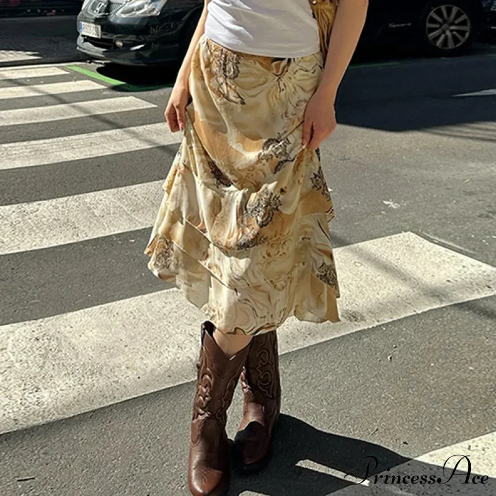 Botanical Pattern Layered A-Line Midi Skirt - Image 4