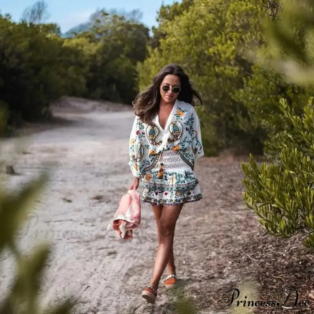 Botanical Stitching Bohemian Batwing Sleeve Dress - Image 2