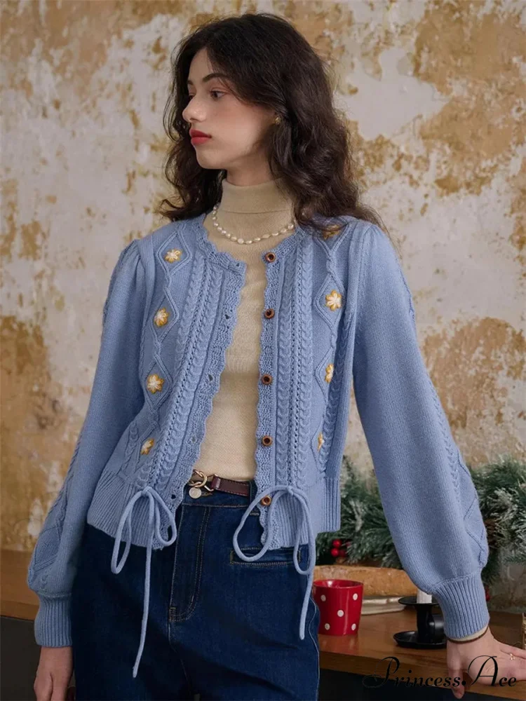 Botanical Stitching Circular Neck Button Cardigan - Image 3