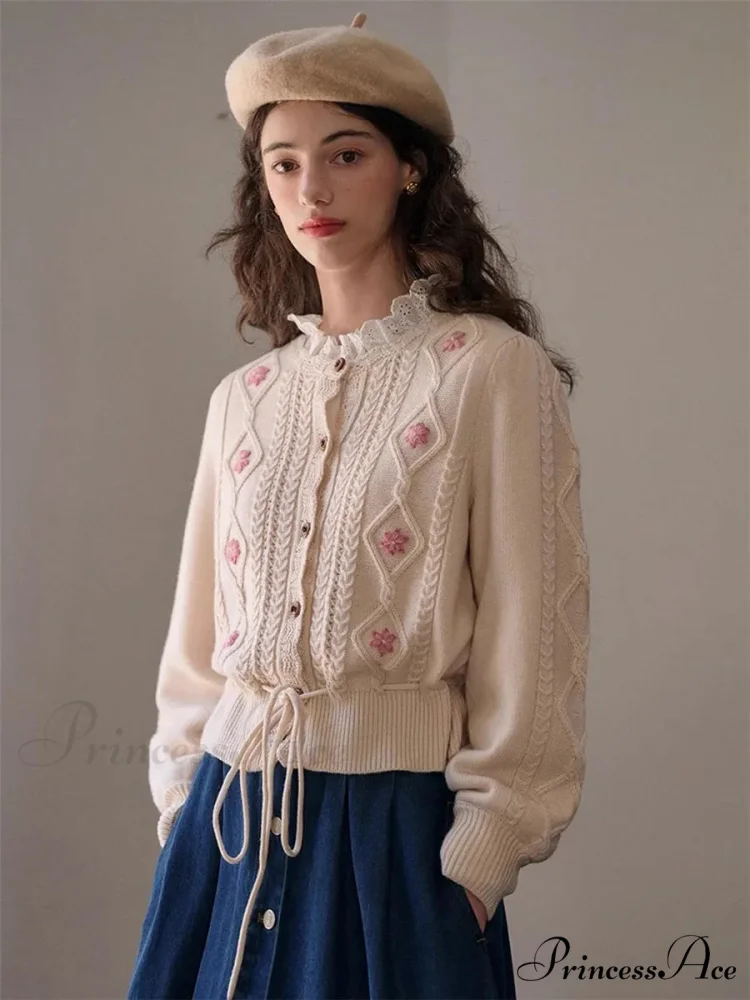 Botanical Stitching Circular Neck Button Cardigan - Image 4