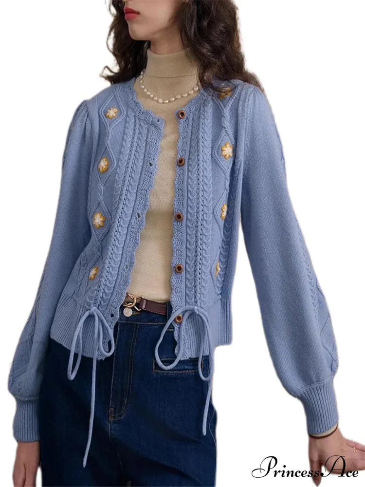 Botanical Stitching Circular Neck Button Cardigan - Image 5