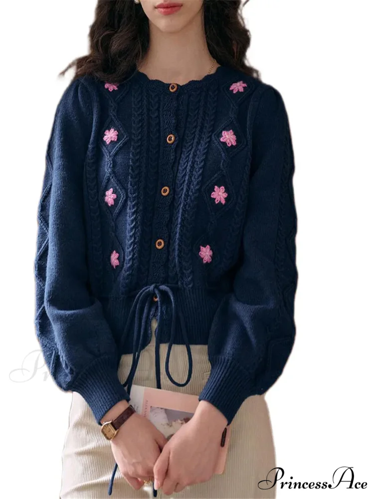 Botanical Stitching Circular Neck Button Cardigan - Image 6
