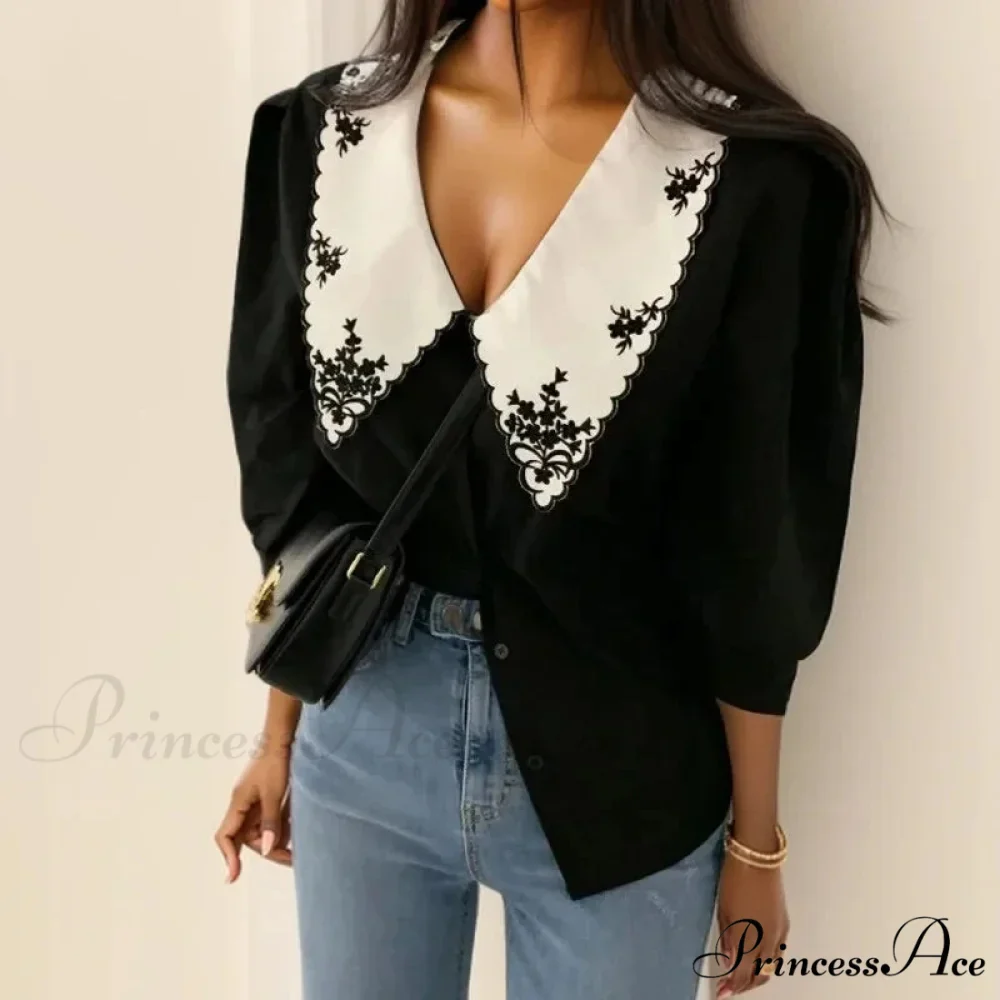 Botanical Stitching Half Sleeve Ivory Retro Blouse - Image 2