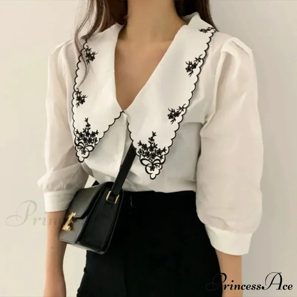 Botanical Stitching Half Sleeve Ivory Retro Blouse - Image 4