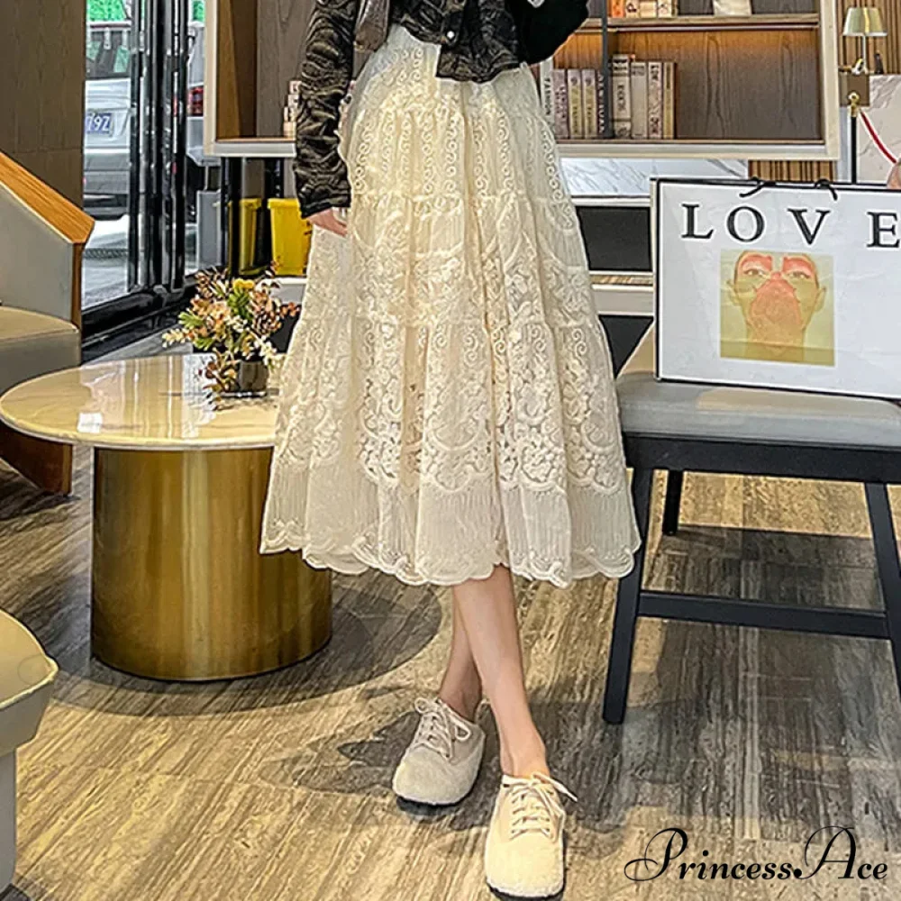 Botanical Stitching Lace Elevated Waist A-Line Skirt - Image 2