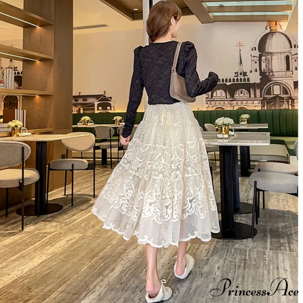 Botanical Stitching Lace Elevated Waist A-Line Skirt - Image 3