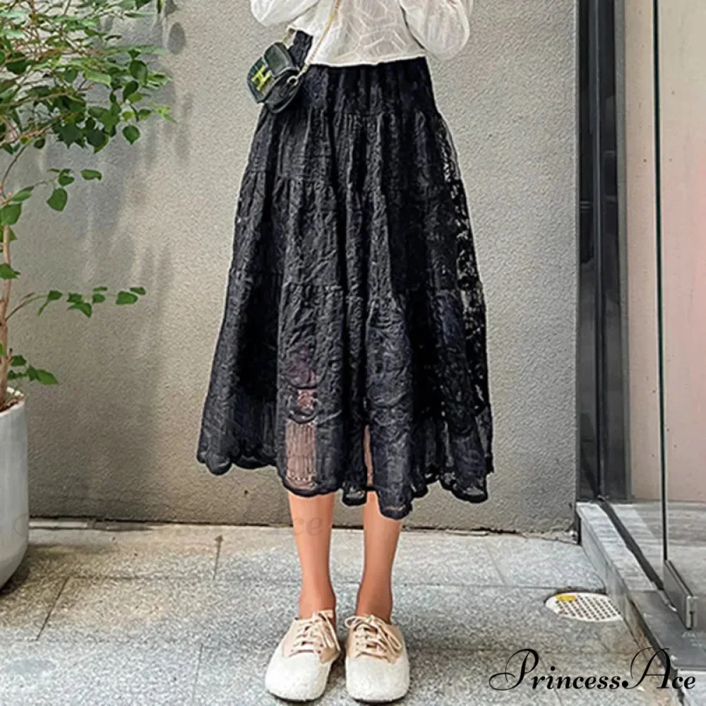 Botanical Stitching Lace Elevated Waist A-Line Skirt - Image 4