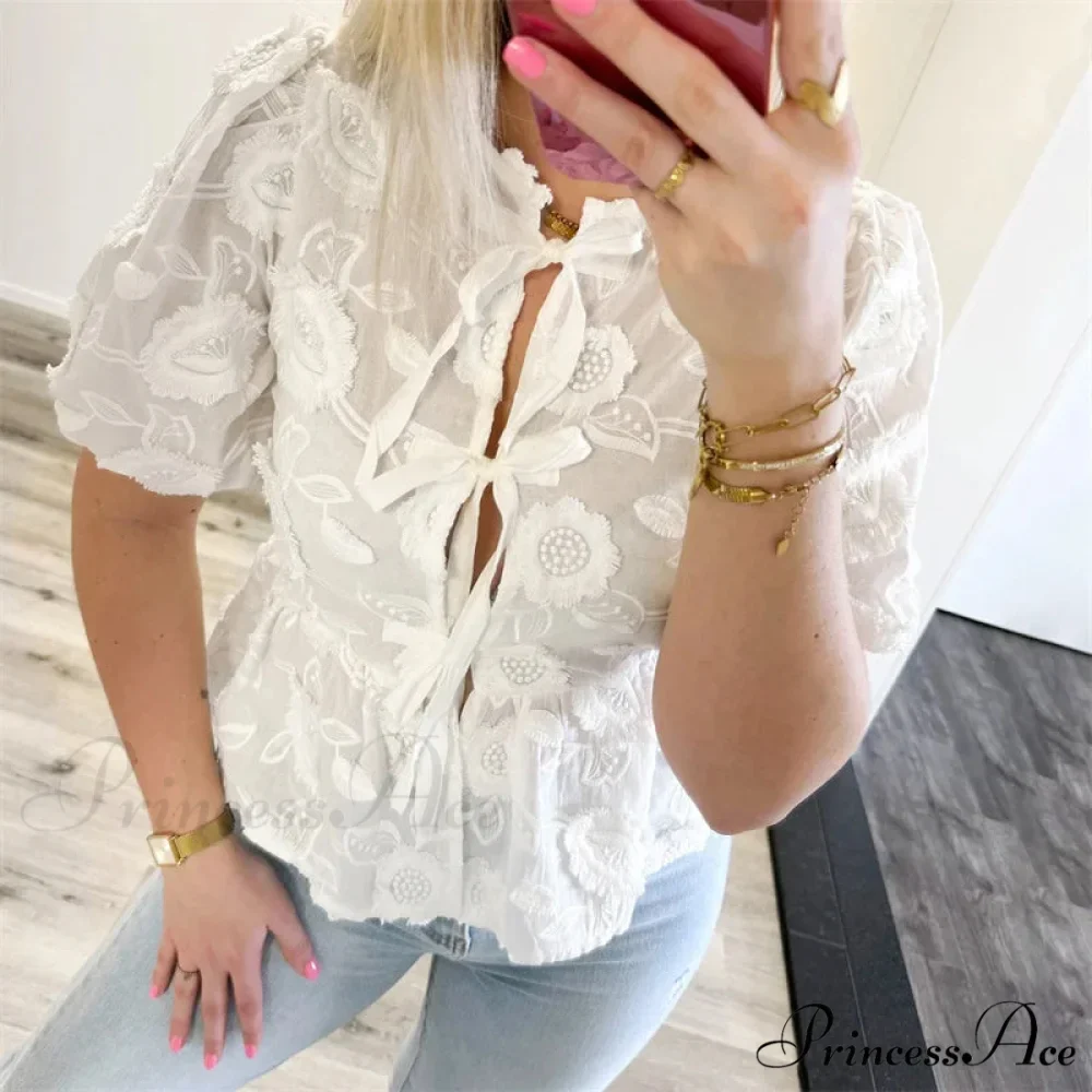 Botanical Stitching Puff Short Sleeve Blouse - Image 2