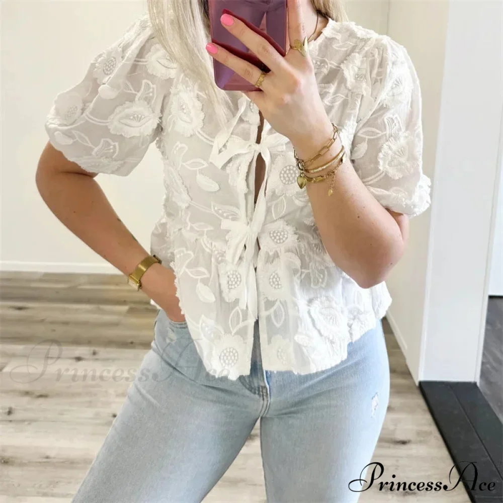 Botanical Stitching Puff Short Sleeve Blouse - Image 3