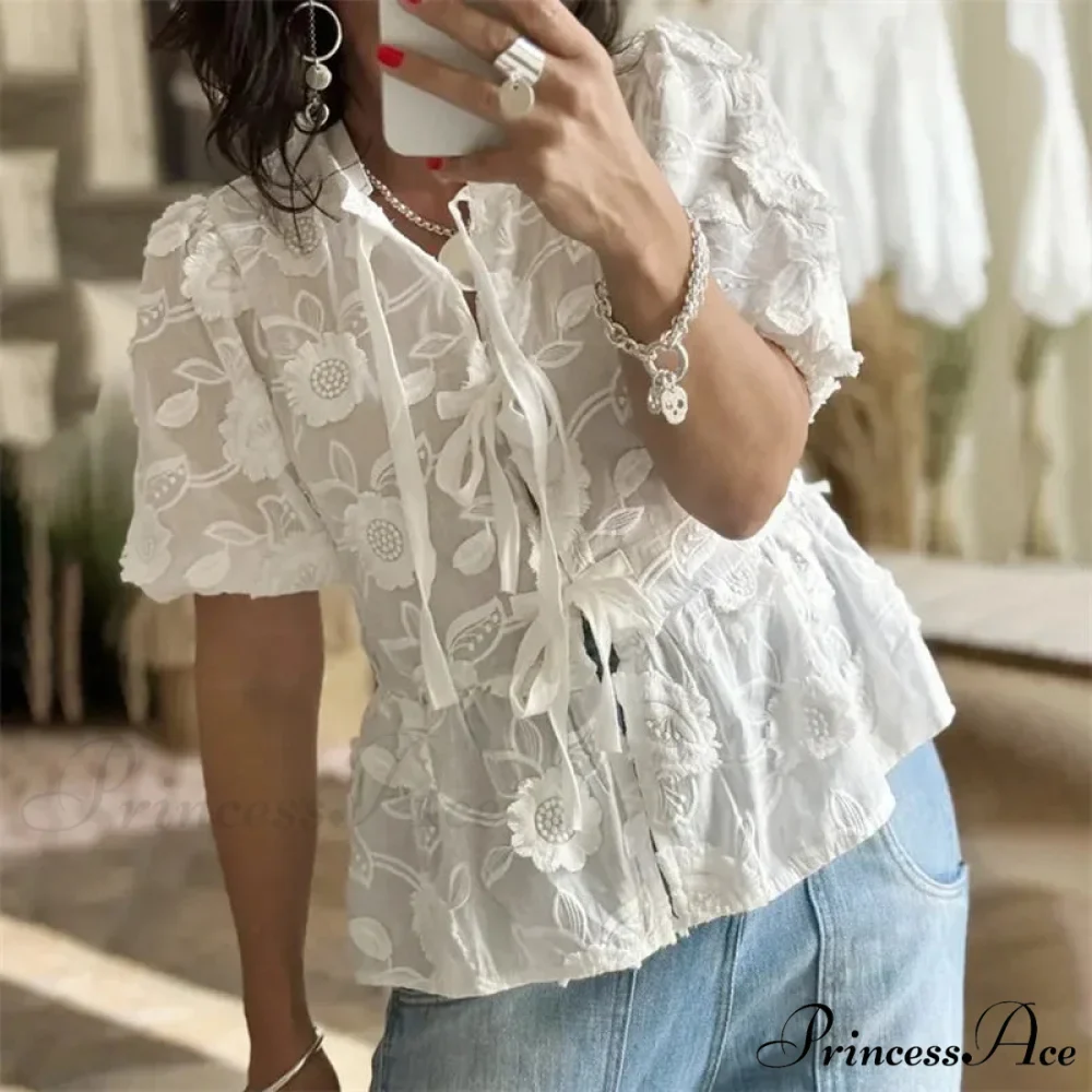 Botanical Stitching Puff Short Sleeve Blouse - Image 4