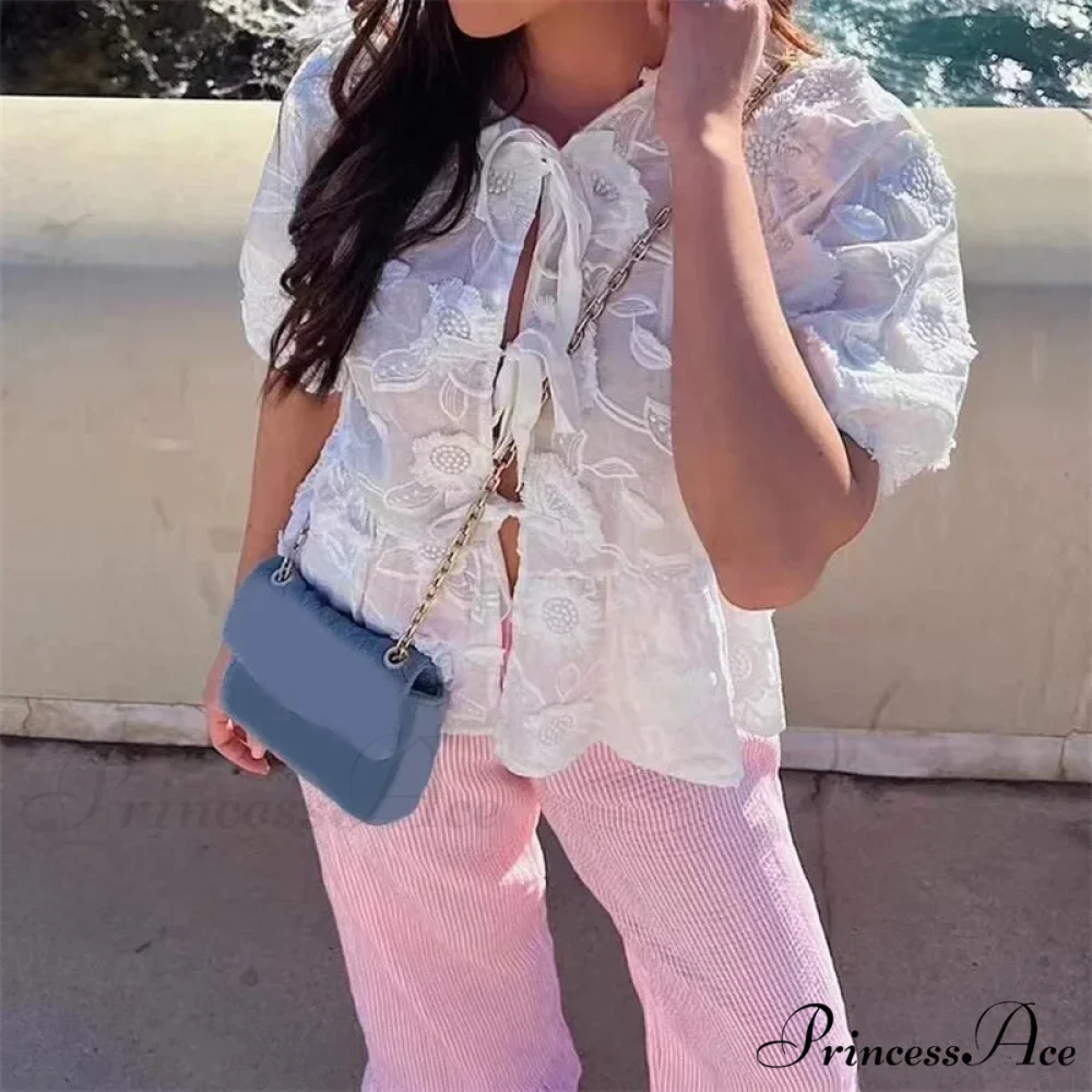 Botanical Stitching Puff Short Sleeve Blouse - Image 5